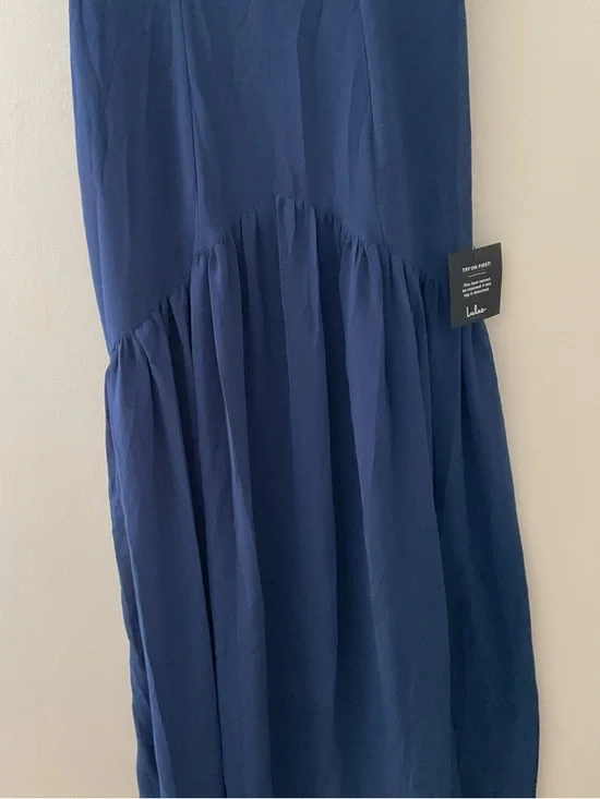 Lulus Auria Navy Blue Chiffon Drop Waist Square Neckline Maxi Dress NWT Small - Picture 5 of 15